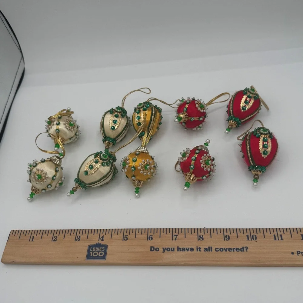 Vintage Handmade Satin Push Pin Christmas Ornaments Set of 10 Beaded Sequin Mid
